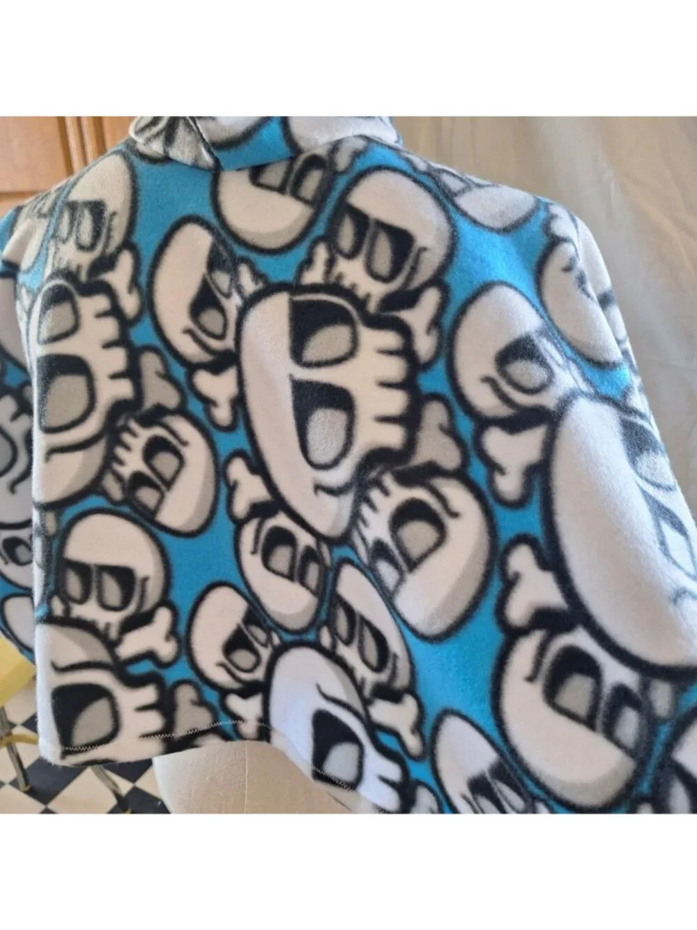 Fleece Handmade Kids  Skull Poncho W Pocket & Hood Car Seat Blue Black White